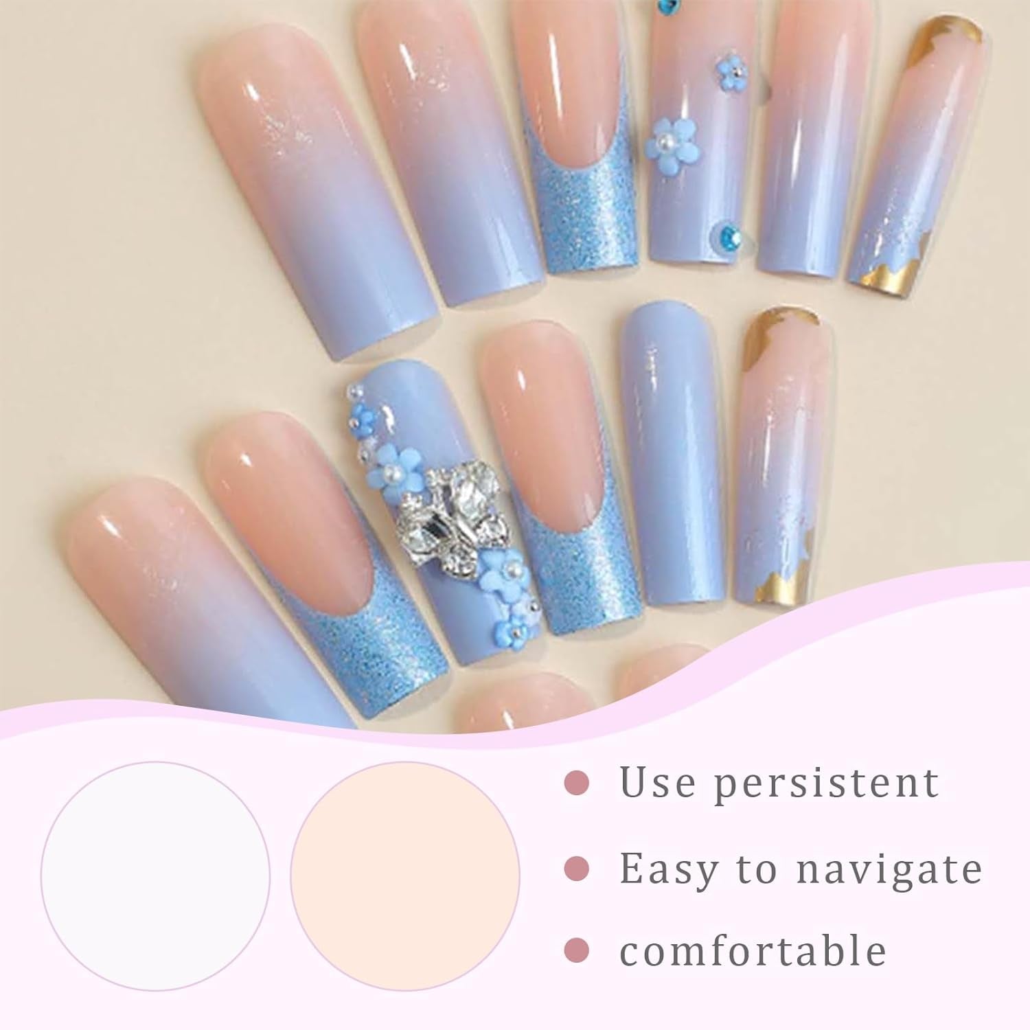 24 stuks vlinderblauwe kunstnagels vierkante druk op Franse lange glitter sprankelende strass valse nageltips