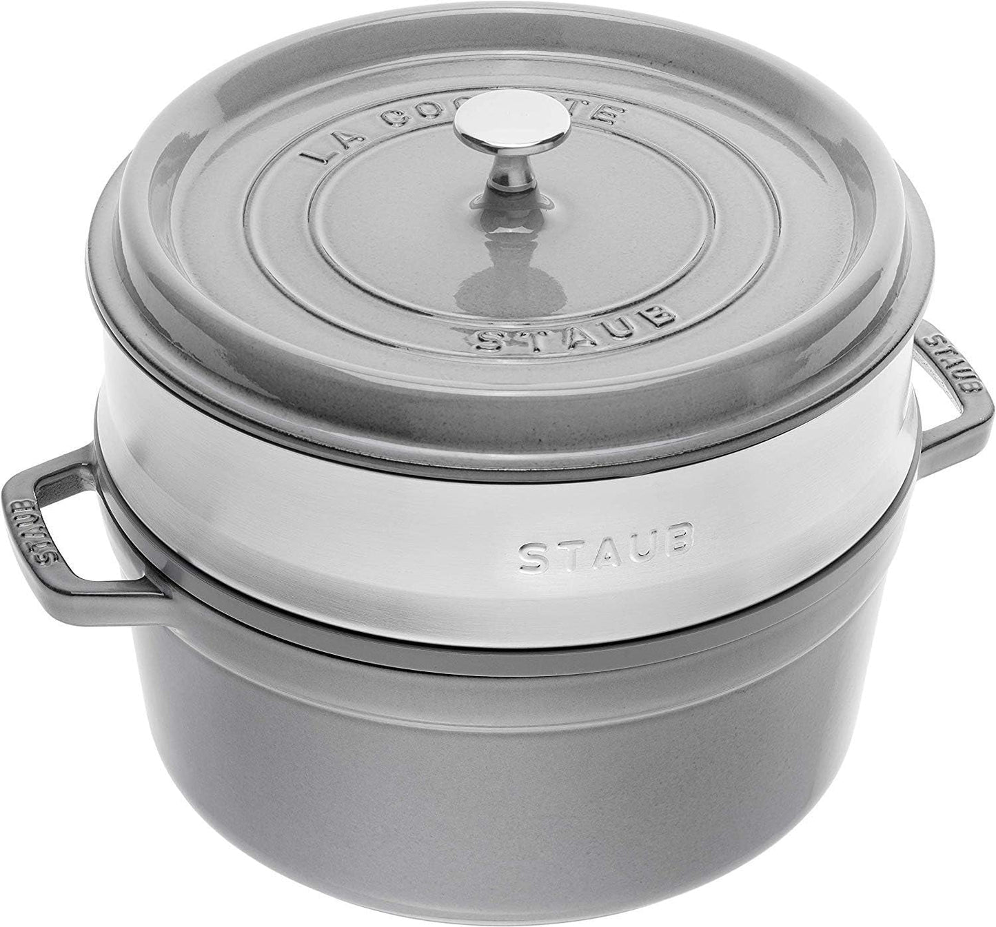 STAUB Gusseisen Bräter/Cocotte, Mit Dämpfeinsatz Aus Edelstahl, Rund 26 Cm, 5,2 L, Aromaregen-functie voor optimale werking, voor alle herdarten Inkl. Induktion & Backofen, Kirschrot, Rot Vormen en bakplaten Naty Shop Graphitgrau