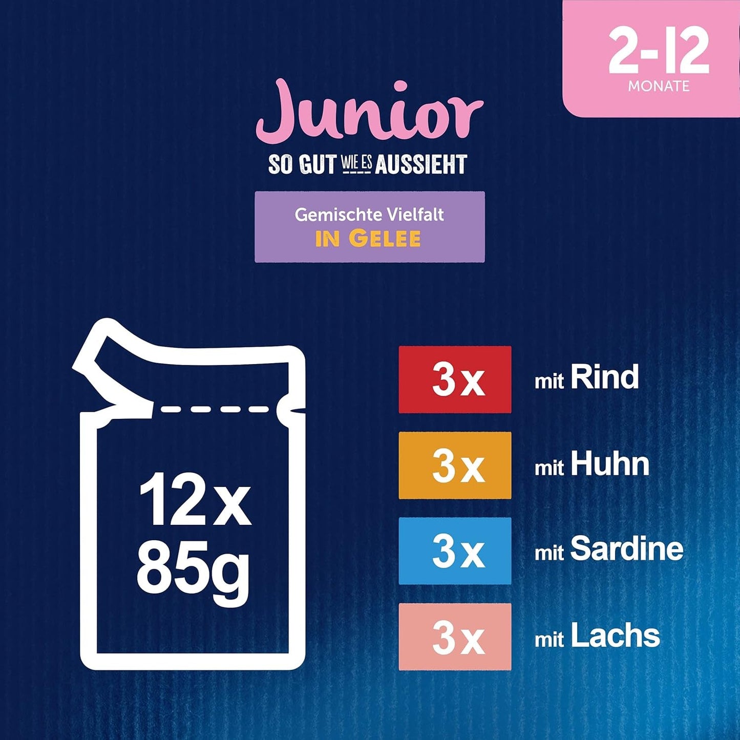 Felix As Good As It Looks Junior Natvoer in gelei voor kittens, gemengde mix, verpakking van 6 (6 x 12 zakjes van elk 85 g)