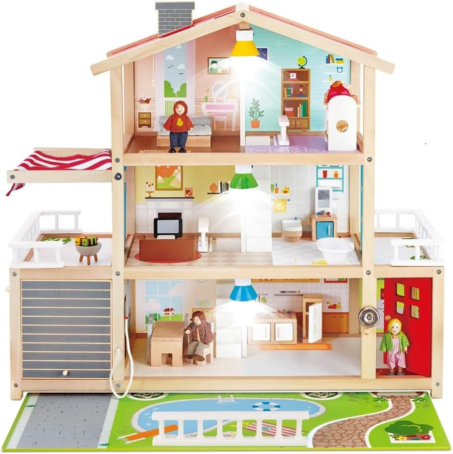 Hape Poppenvilla Houten poppenhuis met 10 kamers Creatief rollenspel inclusief meubels en accessoires Educatief speelgoed voor kinderen vanaf 3 jaar