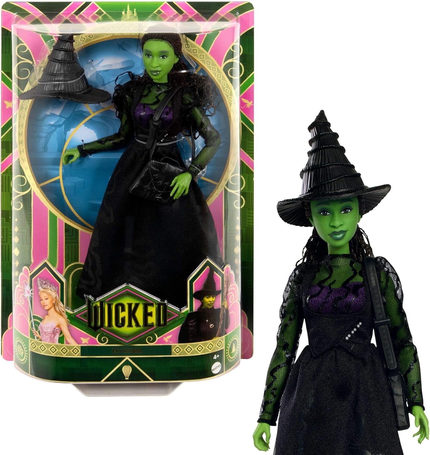 Mattel Wicked Elphaba modepop en accessoires met groene huid, zwart gevlochten haar, verschillende mogelijke poses en afneembare baljurk-uiterlijk, HXT62, [Multicolor]