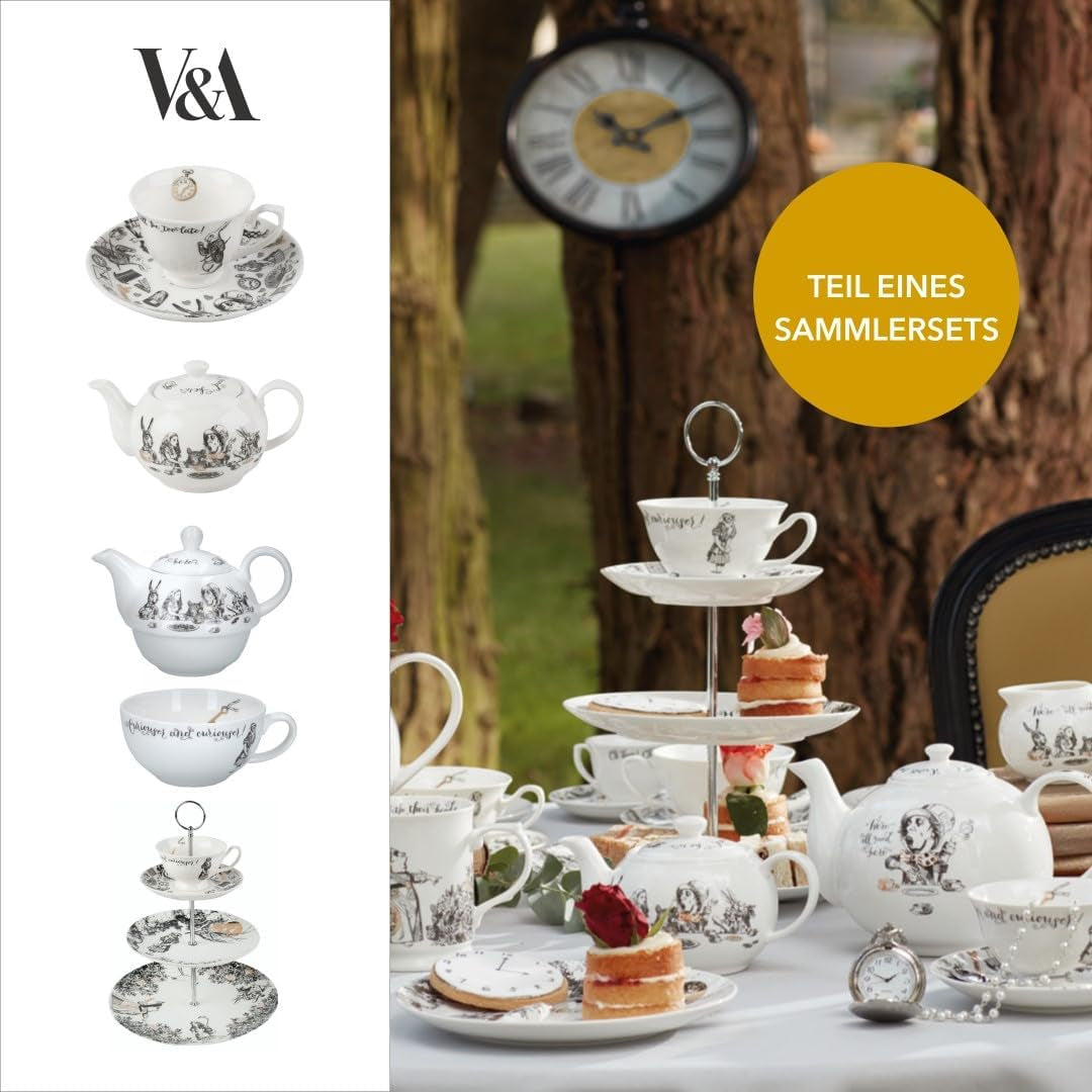 Alice in Wonderland theepot en kopjesset voor 1 persoon in geschenkverpakking, theeservies van fijn porselein, wit, 250 ml