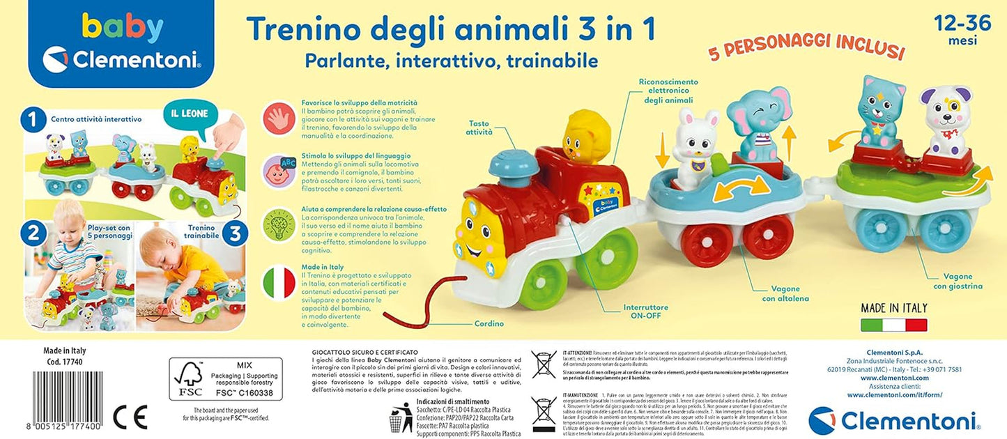Clementoni Animali-3 Pratend interactief uitbreidbaar elektrisch treinspeelgoed voor 1-jarige baby (Italiaanse versie) Made in Italy Veelkleurig 17740 Jucarii Bebe Naty Shop