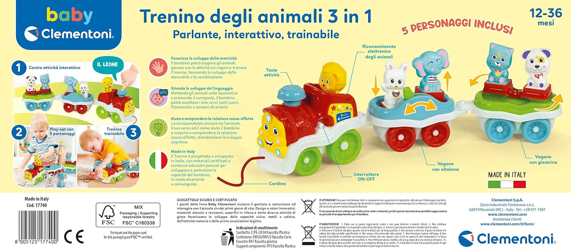 Clementoni Animali-3 Pratend interactief uitbreidbaar elektrisch treinspeelgoed voor 1-jarige baby (Italiaanse versie) Made in Italy Veelkleurig 17740 Jucarii Bebe Naty Shop