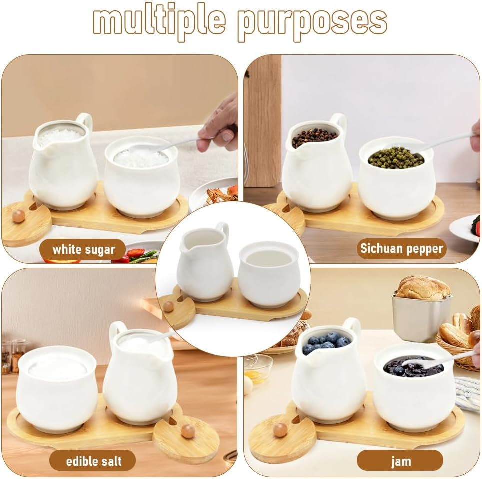 Melk- en suikerset met deksel en lepel, 5-delige keramische melkkan en suikerkan met houten tablet, melk- en suikerkan voor keuken, koffie, magnetron en vaatwasser (wit)