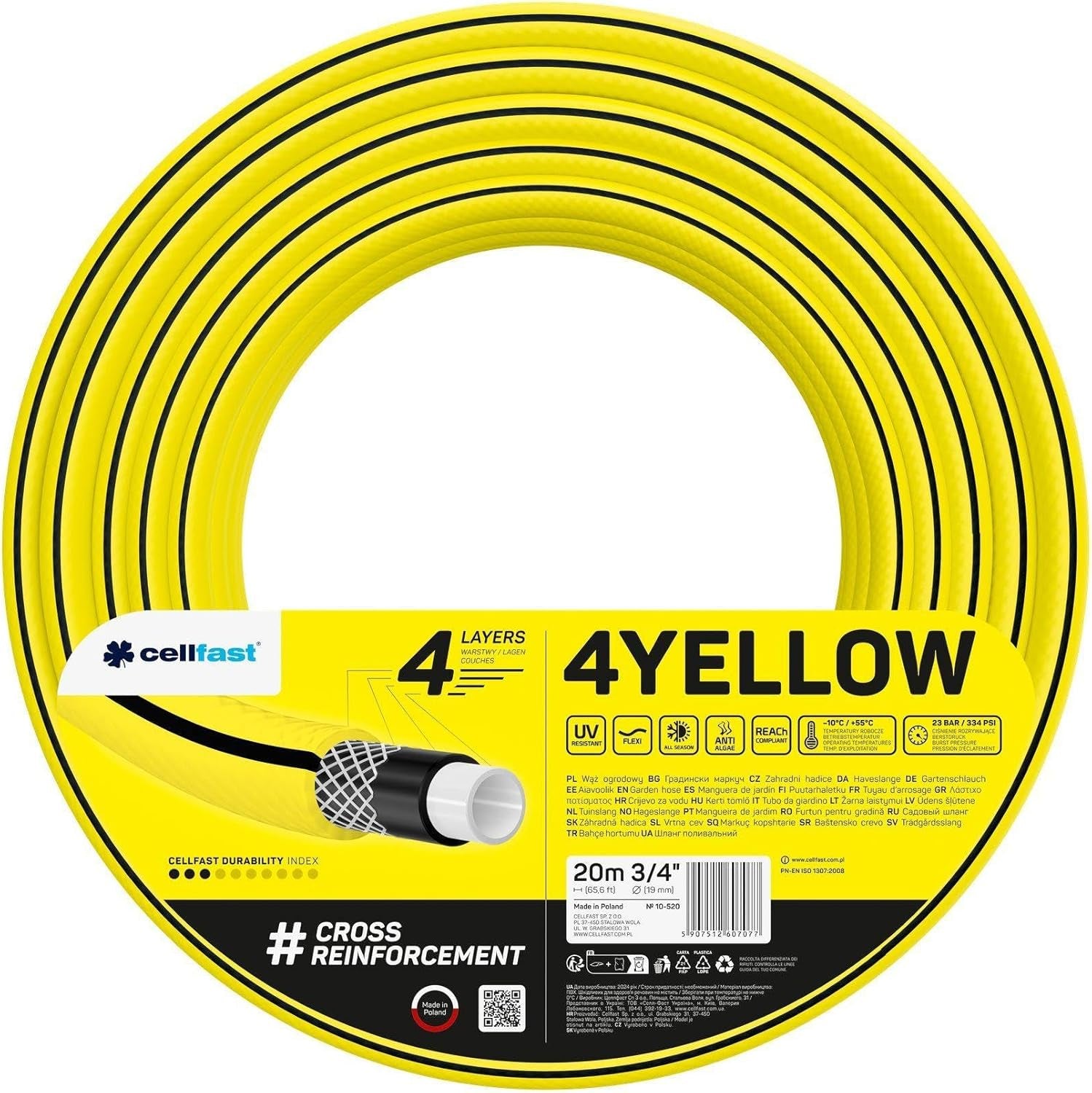 Tuinslang Cellfast GEEL, lichtgewicht, duurzaam, 4-laags, duurzaam kruisvlechtwerk, UV- en algenbestendig, torsiebestendig, REACH technologie, 20 bar, -10/+50°C, 3/4" sluiting, 20 m
