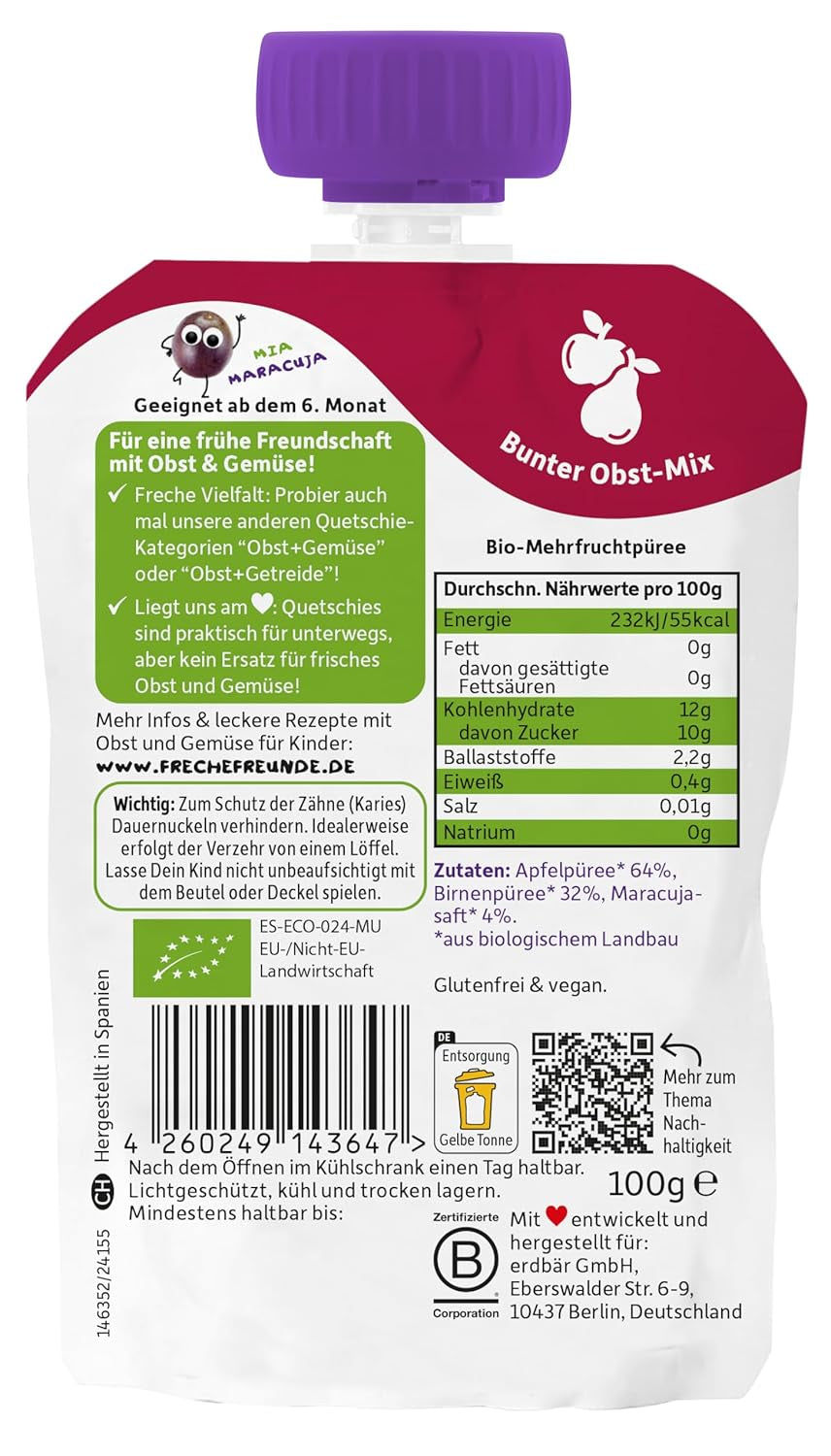 FRECHE FREUNDE Bio Quetschie Appel, Birne & Maracuja, Fruchtmus mit Obst im Quetschbeutel voor baby's vanaf 6 maanden, veganistisch, 6er-pakket (6 x 100 g)