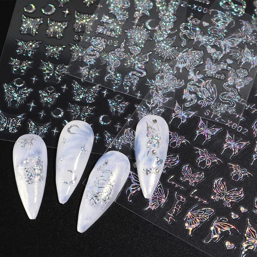 6 Blatt Schmetterling Nagelsticker Selbstklebend Laser Zilver Schmetterlings Nagelaufkleber 3D Aurora Silber Schwarz Schmetterlinge Nagelstickers Frühling Nageldesign Nagelsticker Nail Art Zubehör