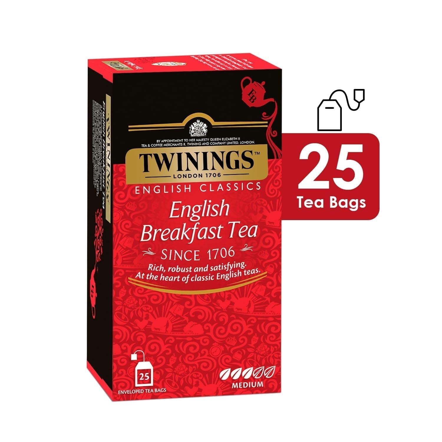 Twinings English Breakfast Black Tea 50g, 25 theezakjes, volle, ronde en sterke zwarte thee van de beste theeplantages in Sri Lanka en India. Zwarte thee, verpakking van 1 (1 x 50 g)