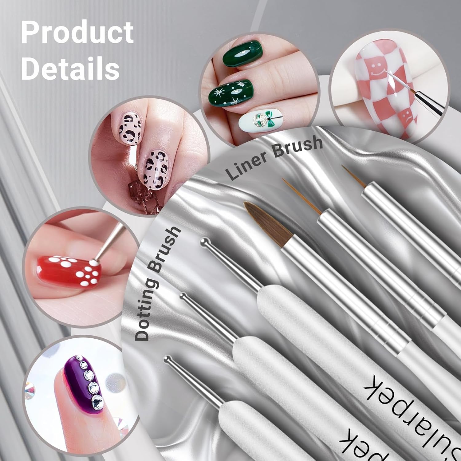 Sullarpek 8 Stück Nagel Pinsel Set, Pinsel voor Gelnägel, Nageldesign Pinsel, Nail Art Dotting Tools, Nailart Pinsel voor Gel Acryl Nägel Nailart