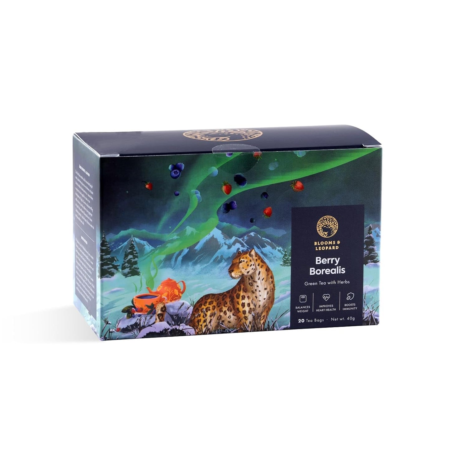 Blooms & Leopard Premium Groene Theezakjes - Berry Borealis Blend met Hibiscus, Bosbes, Aardbei en Groene Munt - 20 Pyramide Theezakjes voor Warme of Koude Thee