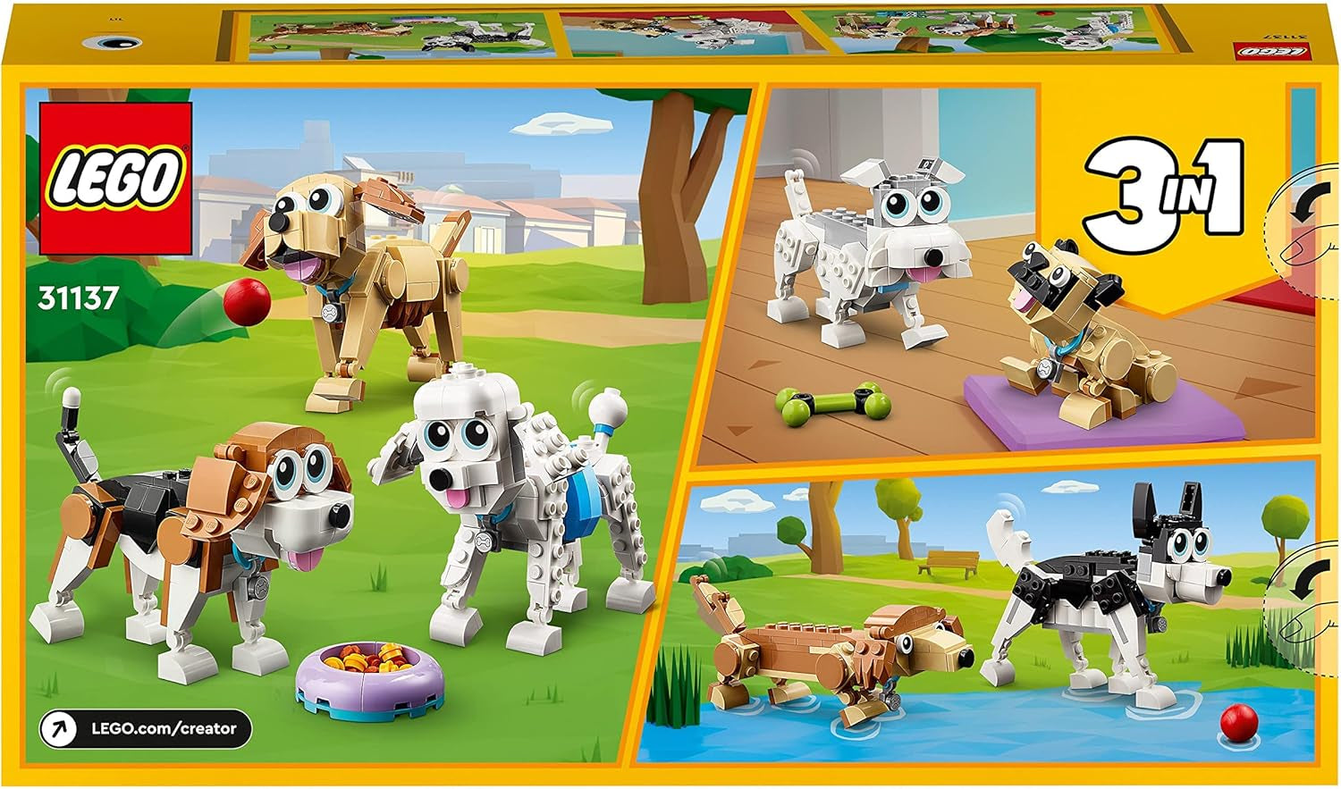 LEGO 31137 Creator 3In1 schattige hondenset met dierenfiguren Teckel, Mopshond, Poedel en meer, speelgoed voor kinderen vanaf 7 jaar, cadeau voor hondenliefhebbers Bouwsets Besuche in LEGO-Store