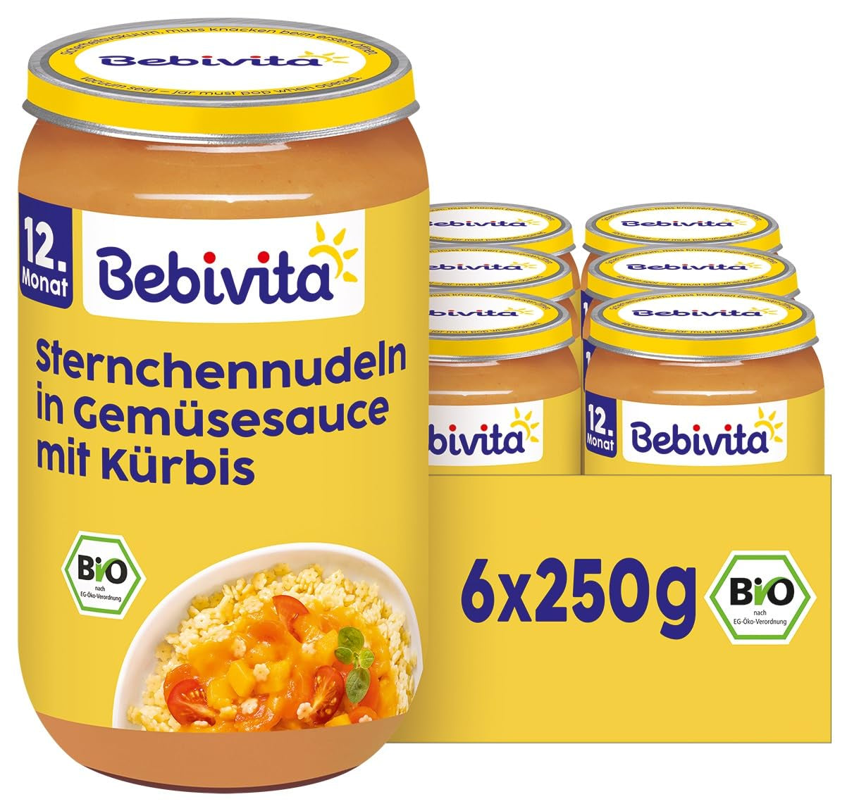 Maaltijden vanaf 12 maanden: Stervormige pasta in pompoen- en groentesaus, 250 g, verpakking van 6 (6 x 250 g)