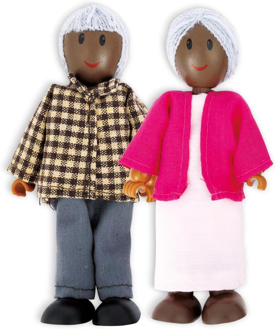 Hape Doll Family - 6-delige donkerleren poppenhuisaccessoireset met houten en stoffen figuren, fantasiespel, educatief speelgoed, interactief leerspeelgoed voor kinderen vanaf 3 jaar
