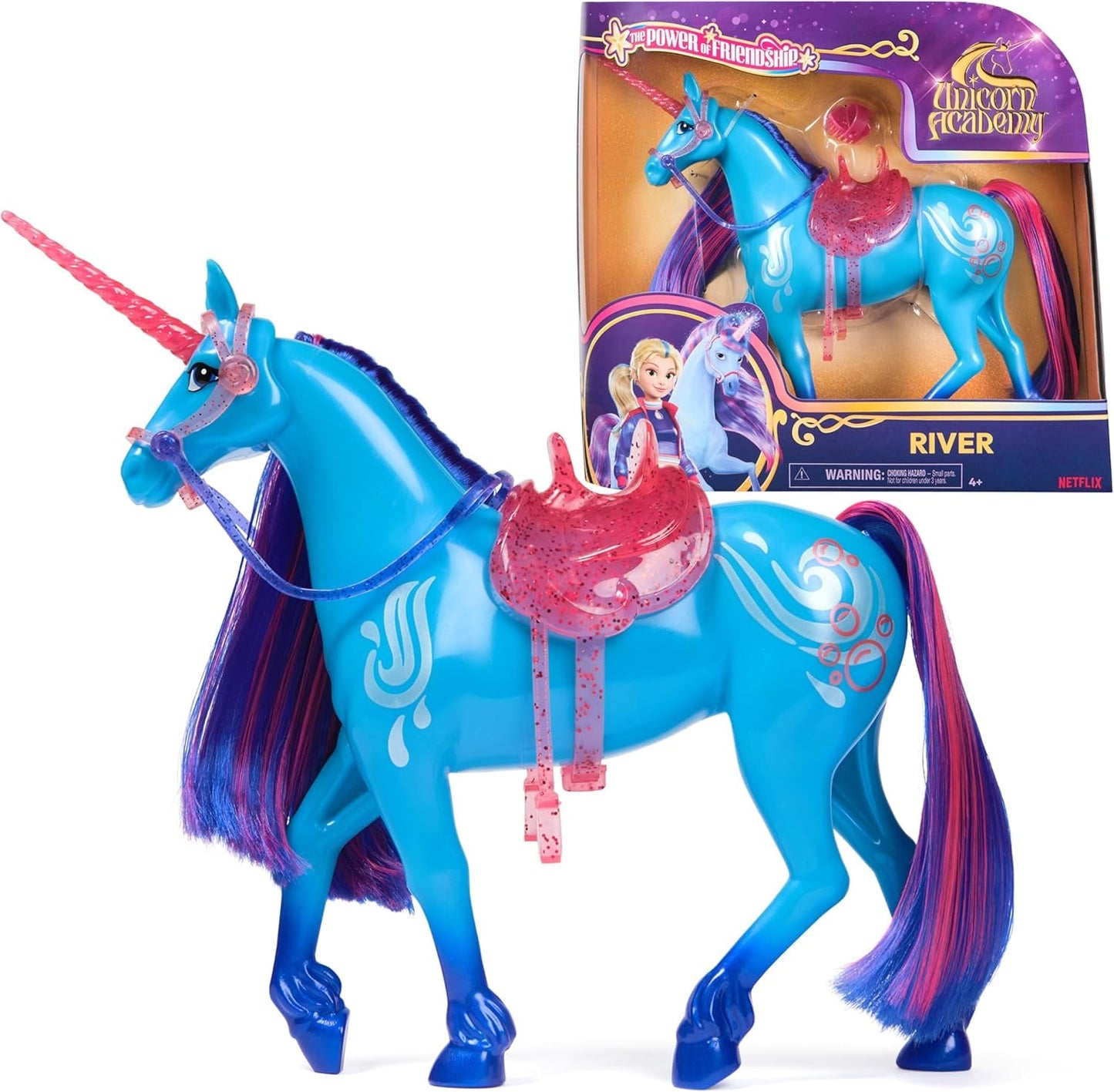 Unicorn River Unicorn Academy - 28cm hoge, originele Isabel eenhoorn uit de Netflix serie, met echte manen en staart, afneembaar hoofdstel en zadel en borstel, voor kinderen vanaf 4 jaar