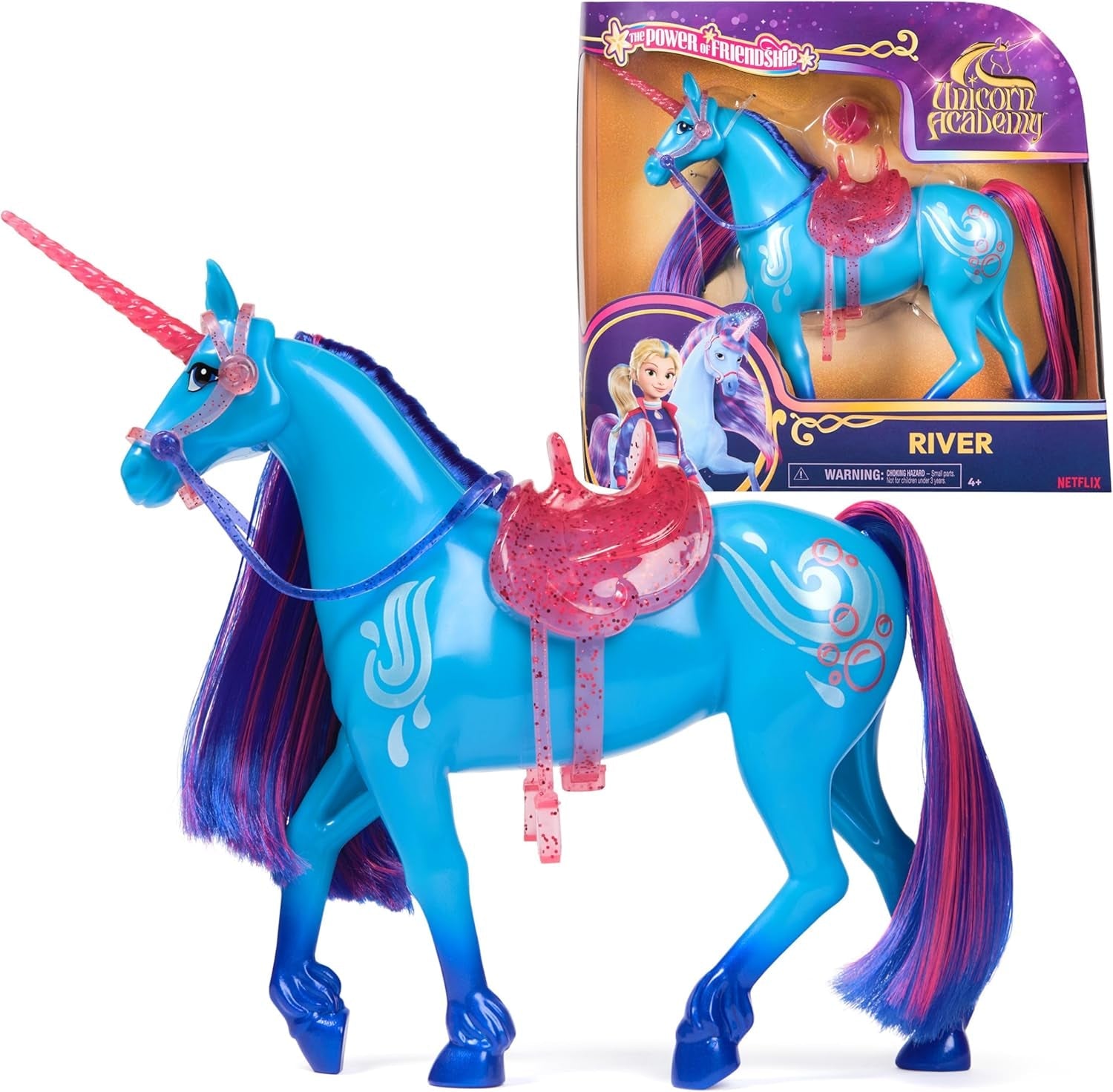 Unicorn River Unicorn Academy - 28cm hoge, originele Isabel eenhoorn uit de Netflix serie, met echte manen en staart, afneembaar hoofdstel en zadel en borstel, voor kinderen vanaf 4 jaar