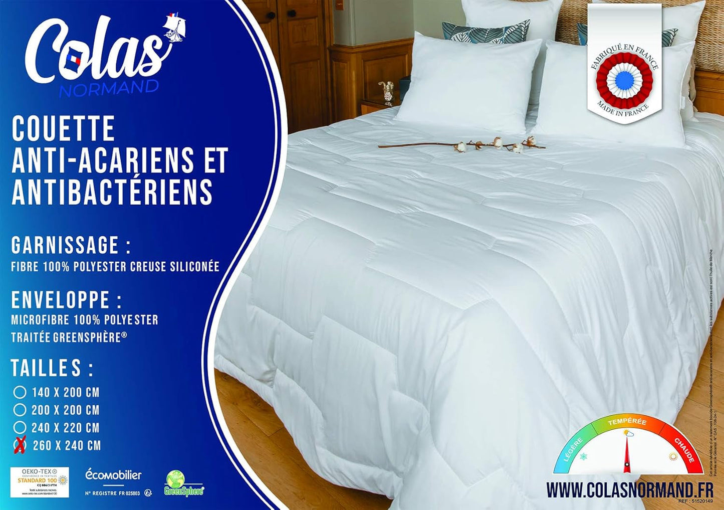 COLAS NORMAND dekbed, anti-mijt en antibacterieel, licht, 260 X 240 cm, langdurige werking, perfecte hygiëne, microvezel, zacht en comfortabel, wasbaar, wit 53130250 Dekbedden en dekbedden Naty Shop