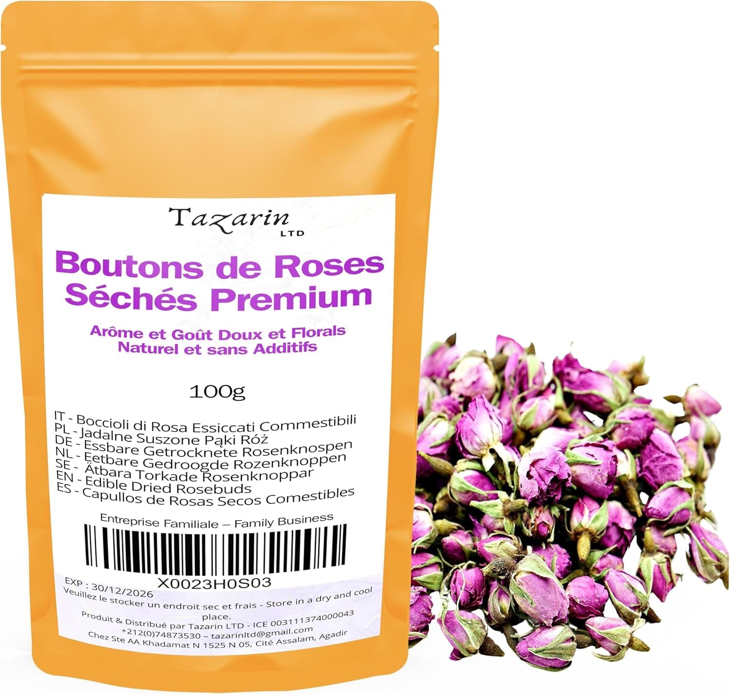 100g premium eetbare rozenknoppen - gedroogde infusie van Atlasrozenblaadjes - zoete en bloemige smaak en aroma - 100% natuurlijk, puur en zonder toevoegingen | Tazarin Ltd