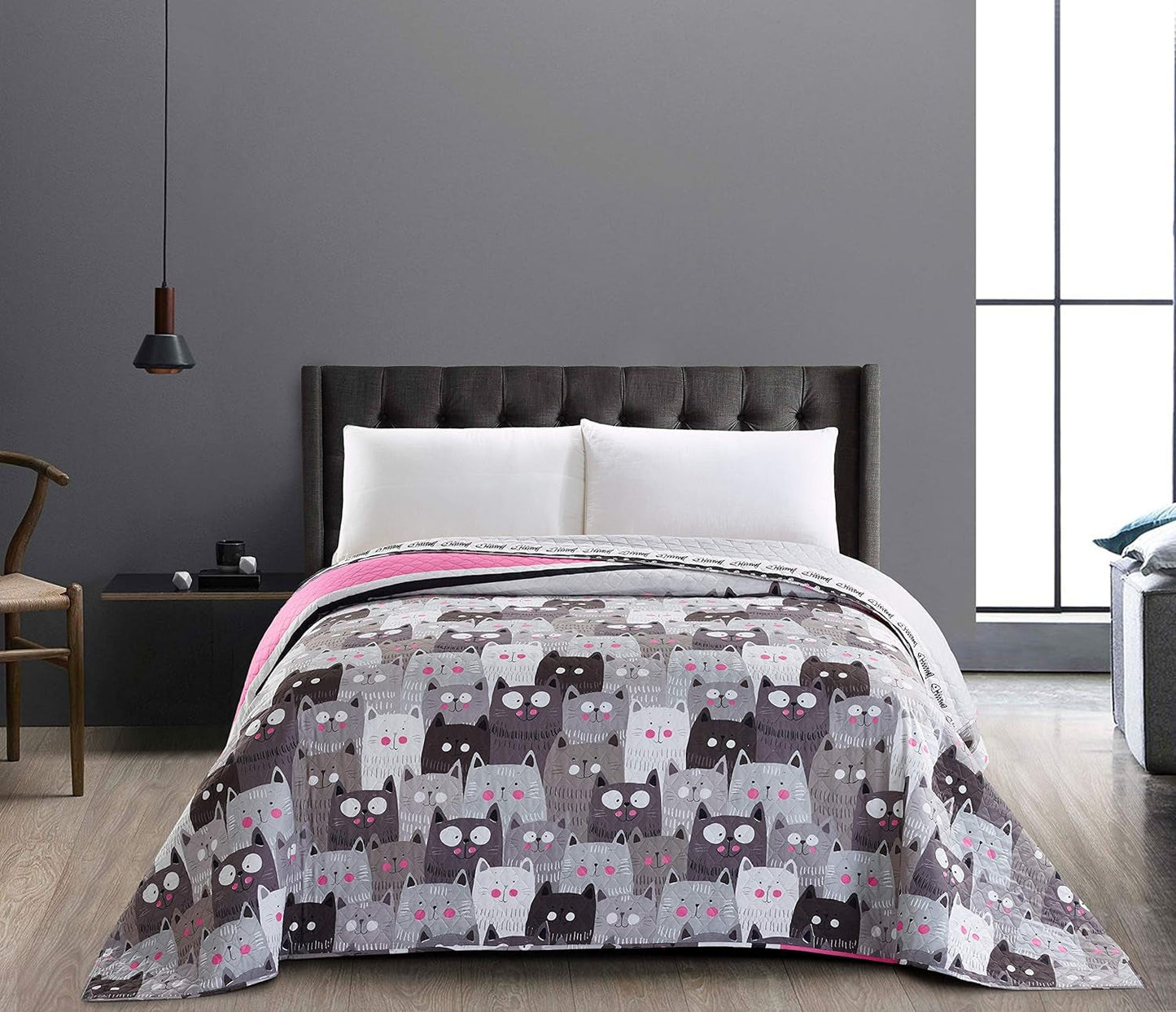 Decoking 32350 Sprei 220X240 Cm Dubbelzijdige sprei van microvezel gemakkelijk te onderhouden Beige Lichtbruin Cacaobruin Grijs Staal Antraciet Grafiet Zwart Wit Roze Katten Invasie van katten Bedden en dekens Beuche den DecoKing-Store
