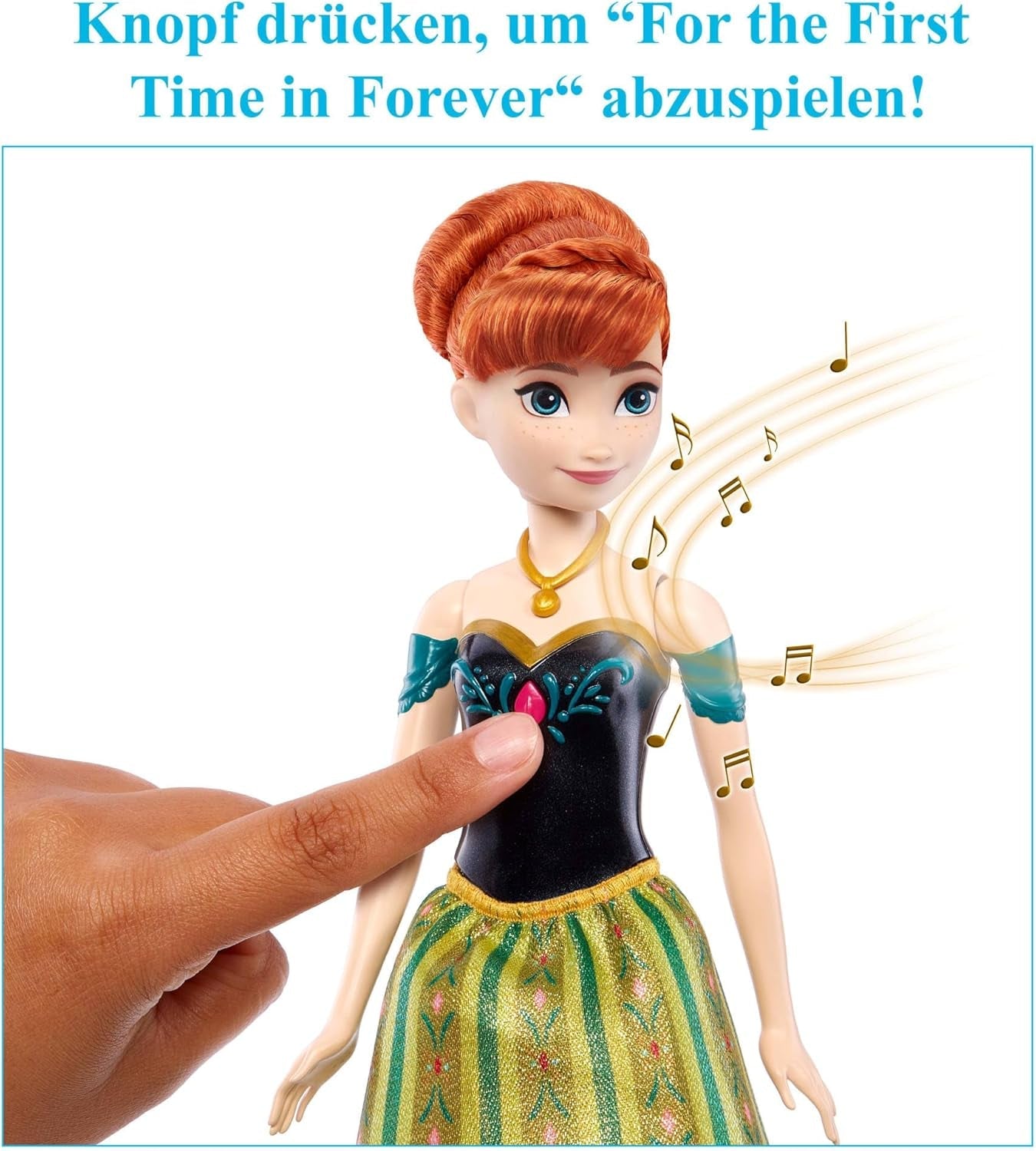 Mattel Toys Disney Frozen Anna zingende modepop in iconische outfit zingt "For the First Time" uit de Disney-film in het Engels, Frans, Duits, Italiaans, JDL59