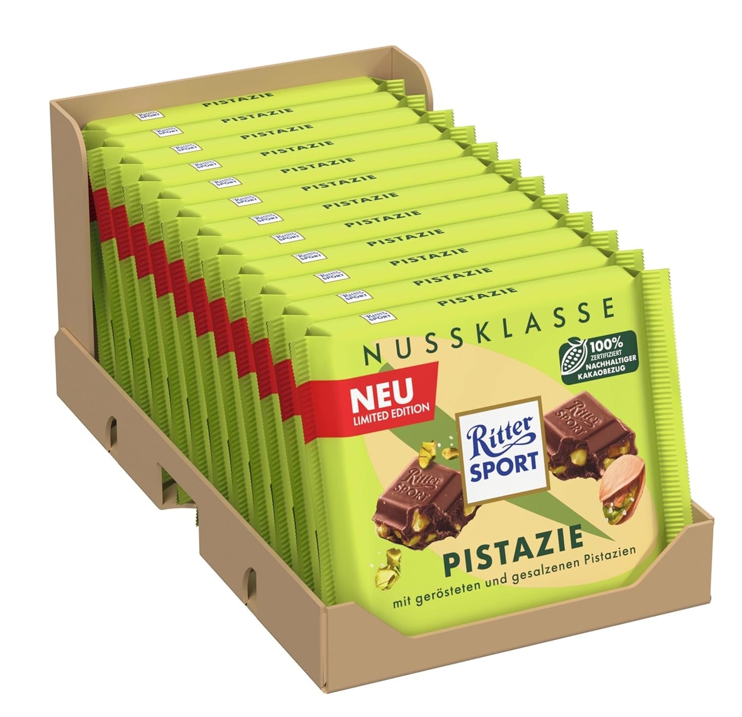 Ritter Sport Pistachio, melkchocolade met fijne stukjes pistache, een chocoladeklassieker, perfect om te snoepen en te genieten, een geweldig cadeau-idee, 12 repen x 100 g