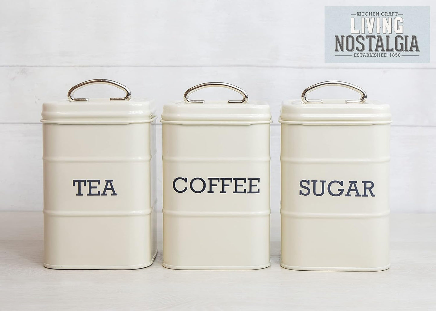 KitchenCraft Living Nostalgia set van 3 voorraadpotten voor thee, suiker en koffie in geschenkdoos, staal, antiek crème, 11 cm x 11 cm x 17 cm, vintage blauwe voedselbewaardozen Naty Shop
