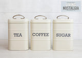 KitchenCraft Living Nostalgia set van 3 voorraadpotten voor thee, suiker en koffie in geschenkdoos, staal, antiek crème, 11 cm x 11 cm x 17 cm, vintage blauwe voedselbewaardozen Naty Shop
