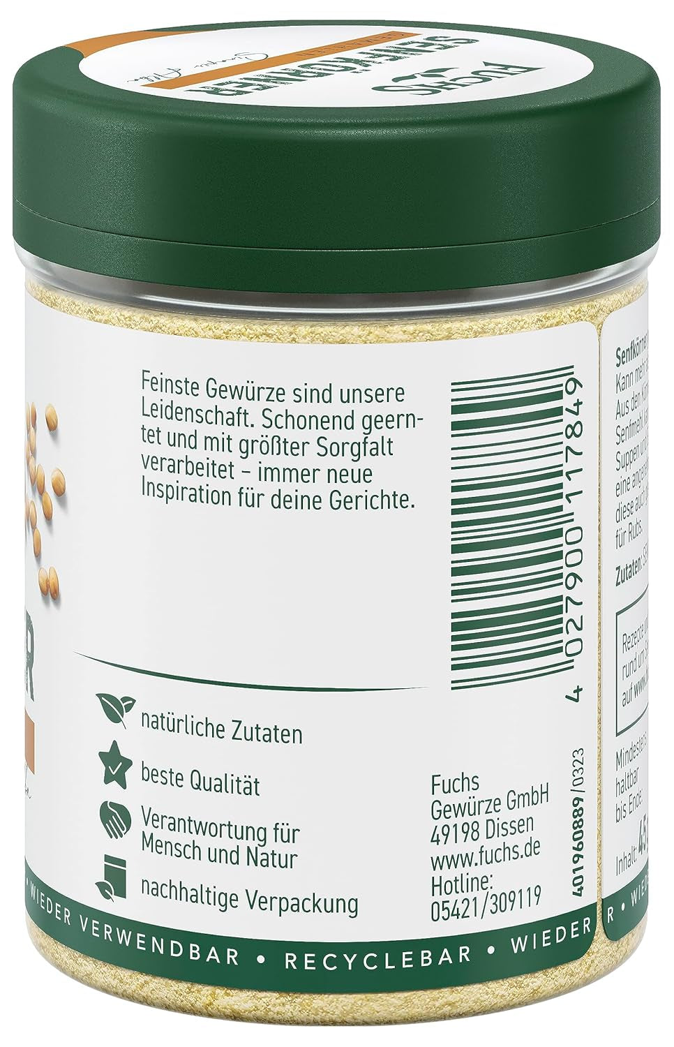 Fuchs Gewürze - Senfkörner gemahlen - für die Zubereitung von Rubs, zum Verfeinern von Suppen und Saucen - natuurlijke ingrediënten - 45 g in wiederverwendbarer, recyclebarer Dosis