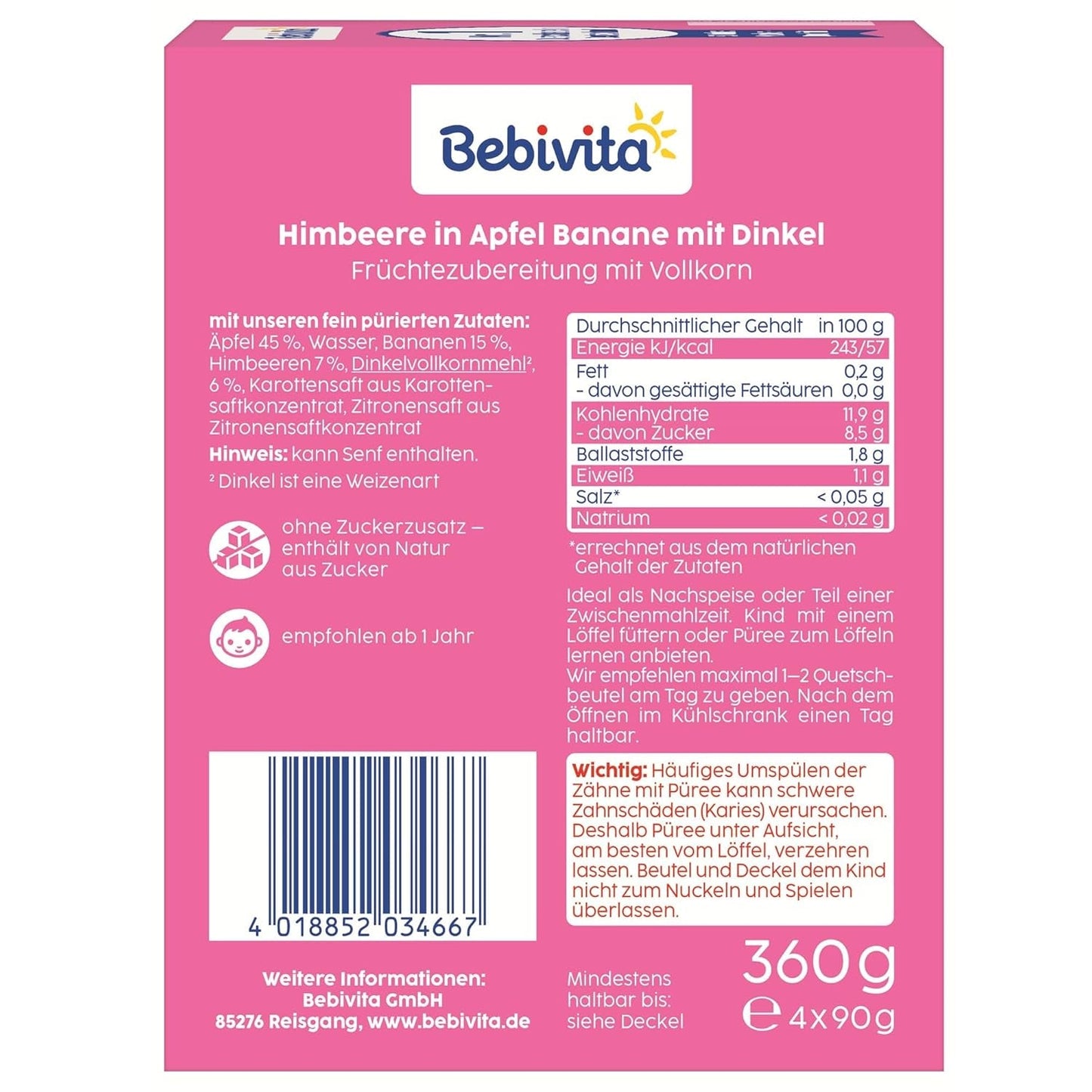 Knijpbare zakjes fruit, framboos, appel, banaan en spelt - 16 stuks (pak van 4, elk 4 x 90 g), zonder toegevoegde suiker, gemaakt van zacht fruit en gezonde granen, ideaal voor afhaalsnacks en zelfconsumptie