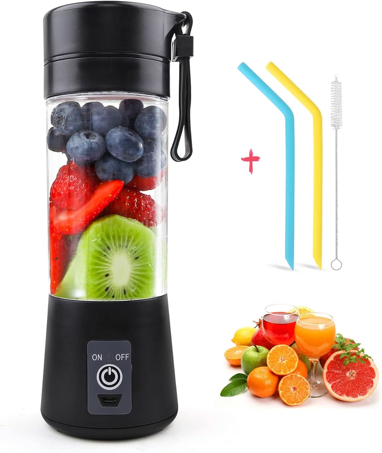 Mixer Smoothie Maker Tragbarer Entsafter: 380Ml Standmixer Persönlicher Shaker Proteinshake Mit 6 Edelstahlmesser Tragbar-Bpa-Freie Mit USB-Mixbecher Voor Shakes,Saftoutdoor,Schwarz Bucatarie Naty Shop