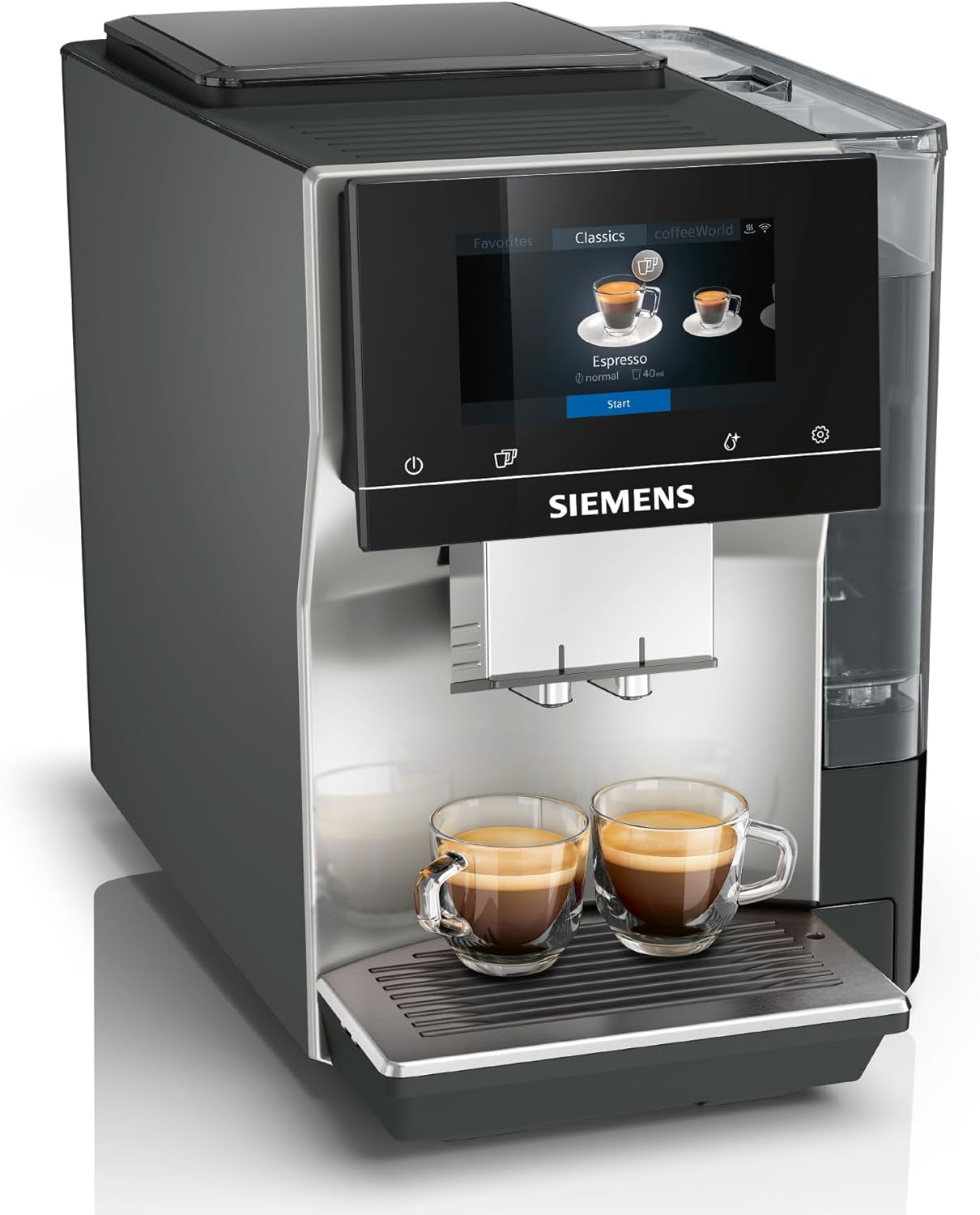 Automatische espressomachine Siemens EQ700 classic TP715D01, app-bediening, cold brew, intuïtief touchdisplay, tot 10 individuele koffiecreaties als favoriet, automatische stoomreiniging, 1500 W, zilvergrijs