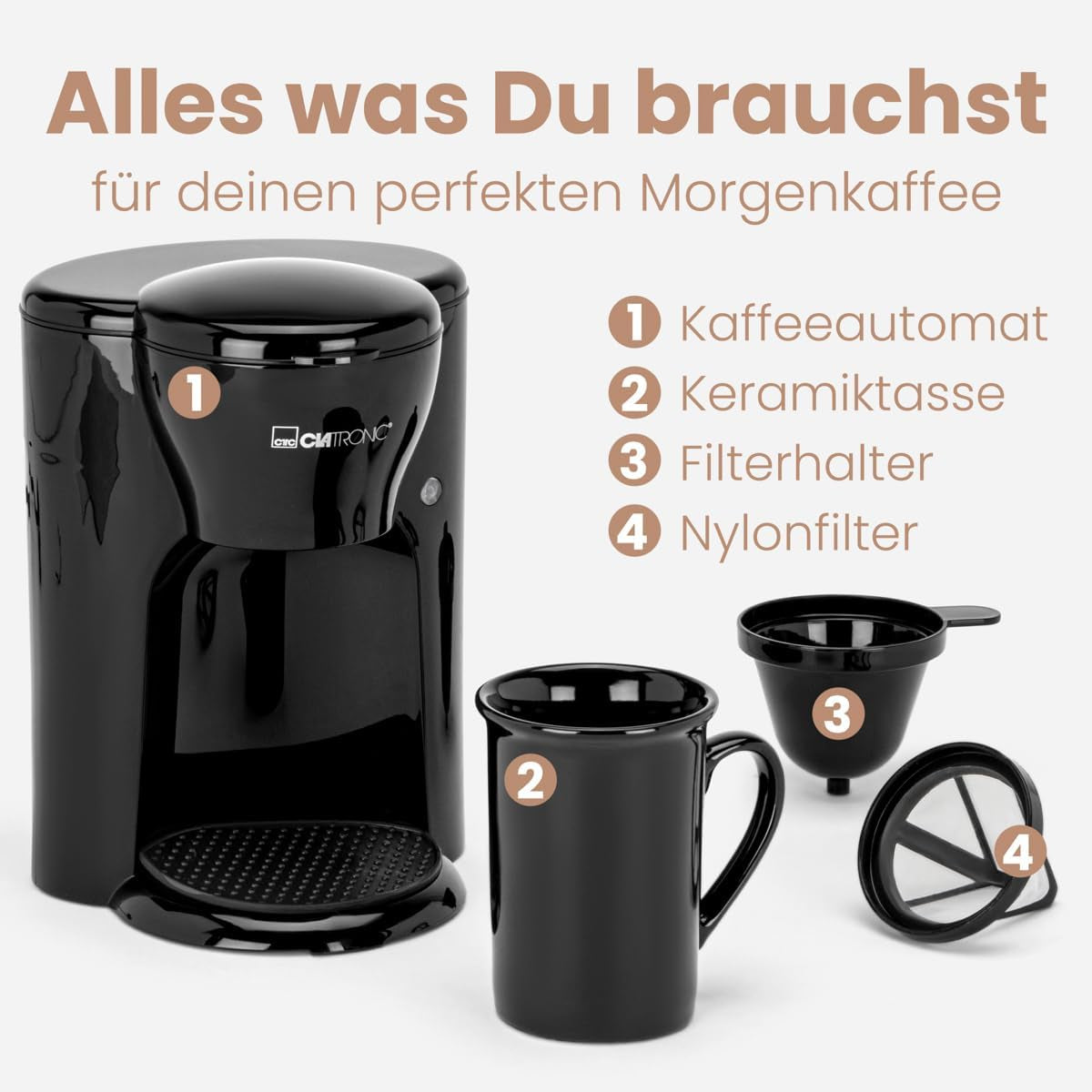 Clatronic® 1-kops koffiezetapparaat | Perfecte espressomachine voor alleenstaanden | Espressomachine met filter, inclusief keramische kop | Kleine espressomachine met filter, ideaal voor op reis | KA 3356