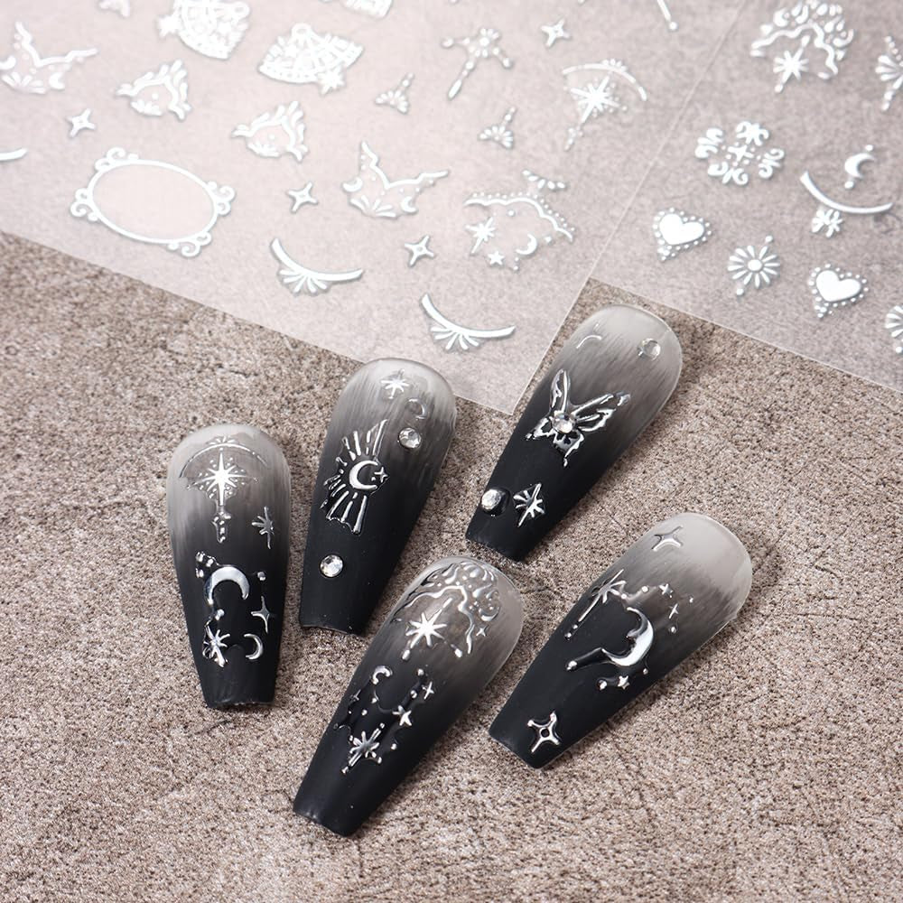3D zilver metallic nagelstickers, nagelstickers voor vrouwen, ster, maan, zon, nagelfolie, zelfklevende stickers, vlindernagelstickers, nagelstickers, nageldesignaccessoires, 8 stuks