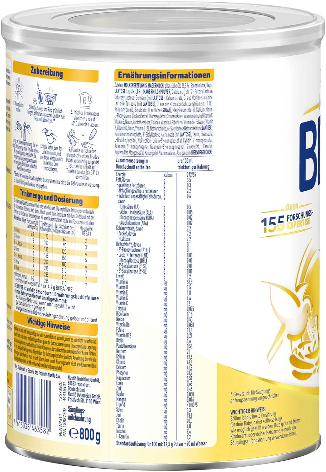 BEBA PRE Eerste melk vanaf de geboorte, babyvoeding met DHA, alleen lactose, geen palmolie, pakket 3 (3 x 800 g) Naty Shop