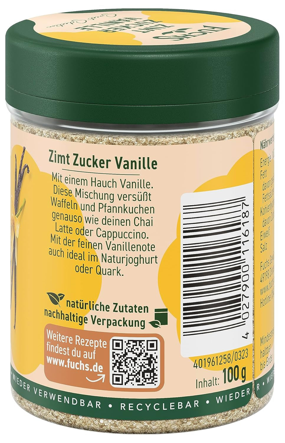 Fuchs Gewürze - Zimt Zucker Vanille - Gewürz zum Versüßen von Wafeln, Milchgetränken oder Joghurt - aus natürliche Ingrediënt - 100 g in wiederverwendbarer, recyclebarer Dosis