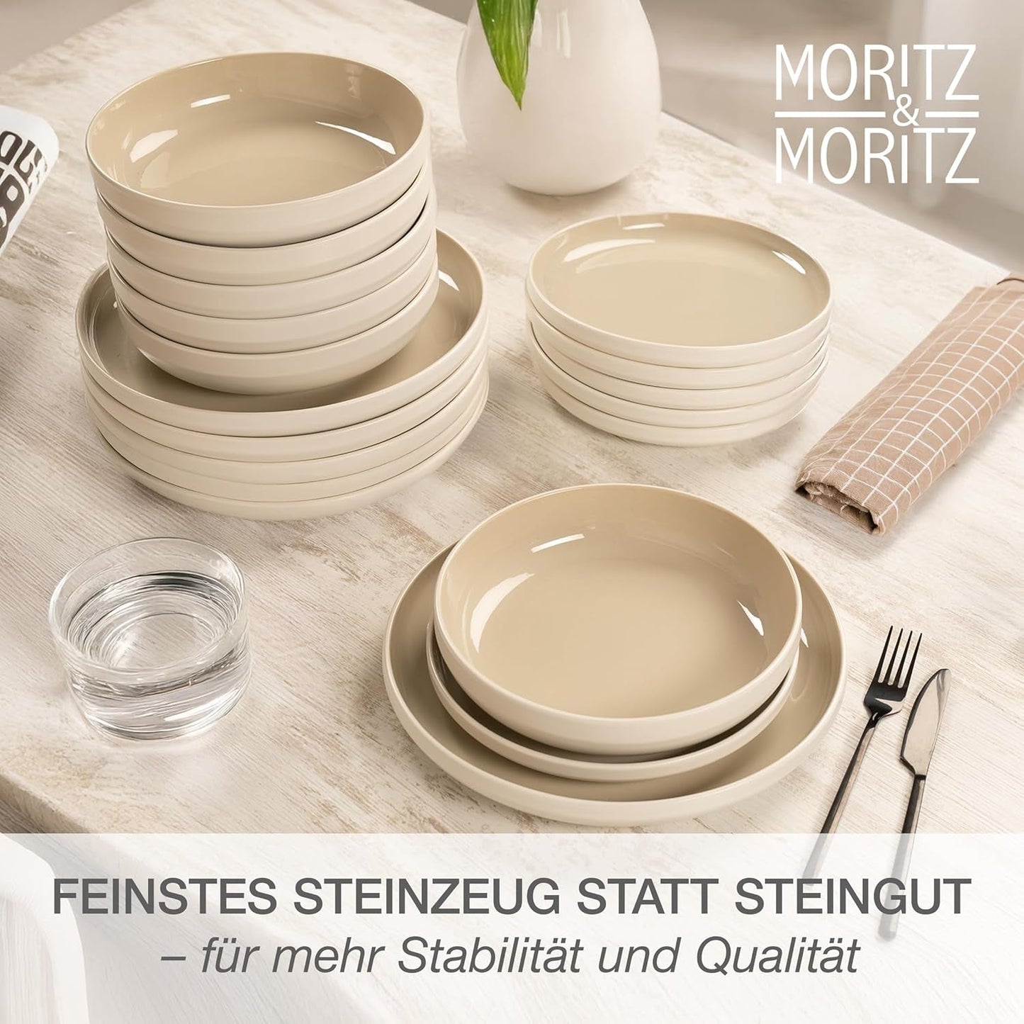 Moritz & Moritz CAVO steengoed servies voor 12 personen, 36-delig - Modern servies in zandkleur - Onderhoudsvriendelijke combinatieset met borden en schalen - Koffieservies