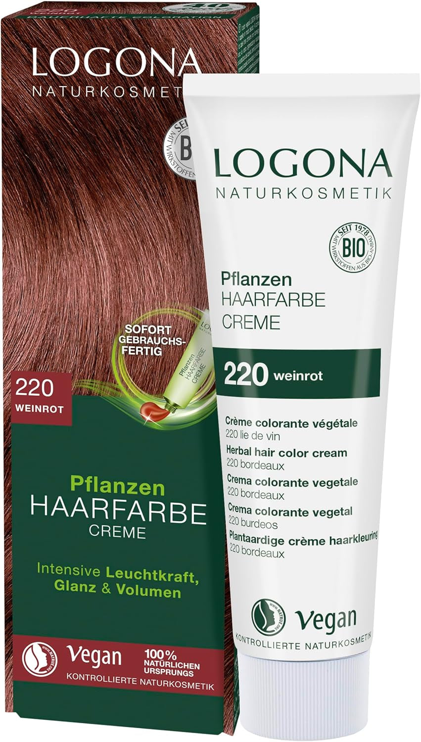LOGONA Natural Cosmetics Plantaardige haarkleurcrème 240 Nougatbruin, Natuurlijke hennabruine haarkleurcrème, Bruintintenkleurcrème, Donkere haarkleur, 150ml Naty Shop Haarverf 220 Wijnrood [Titiaan]