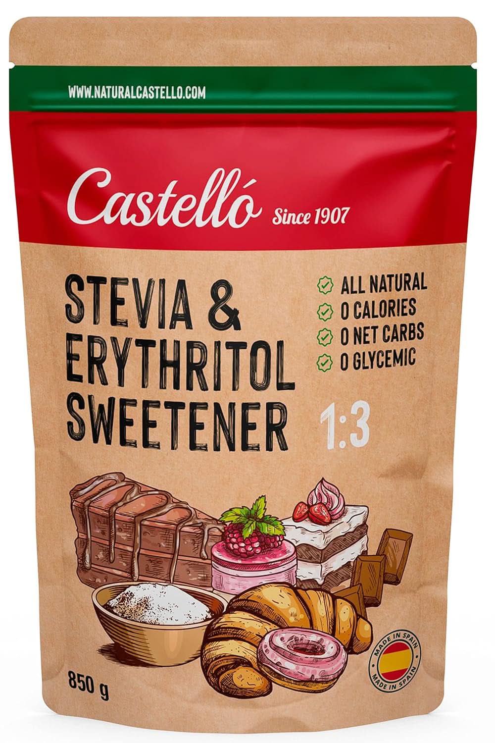 Stevia + Erythritol 1:3 Zoetstof, 1G = 3G Suiker, 850 gram Zoetstoffen Naty Shop