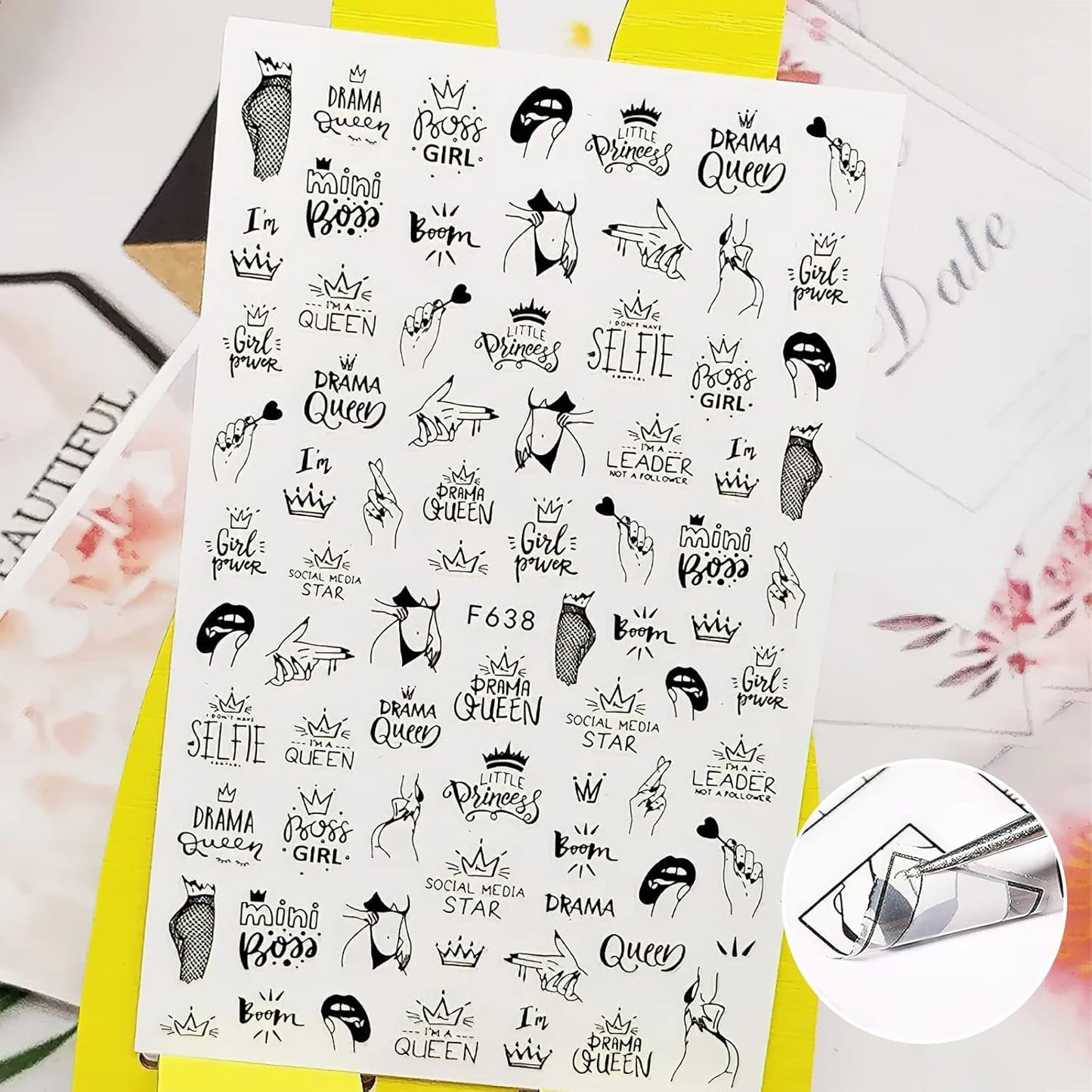 7 Blätter Nagelsticker Selbstklebend Nagelsticker Blumen Abstrakt 3D Schwarz Nagelaufkleber Nageldesign Herzform Wörter Pflanzen Nagelsticker DIY Nail Art Zubehör Maniküre Decoratie
