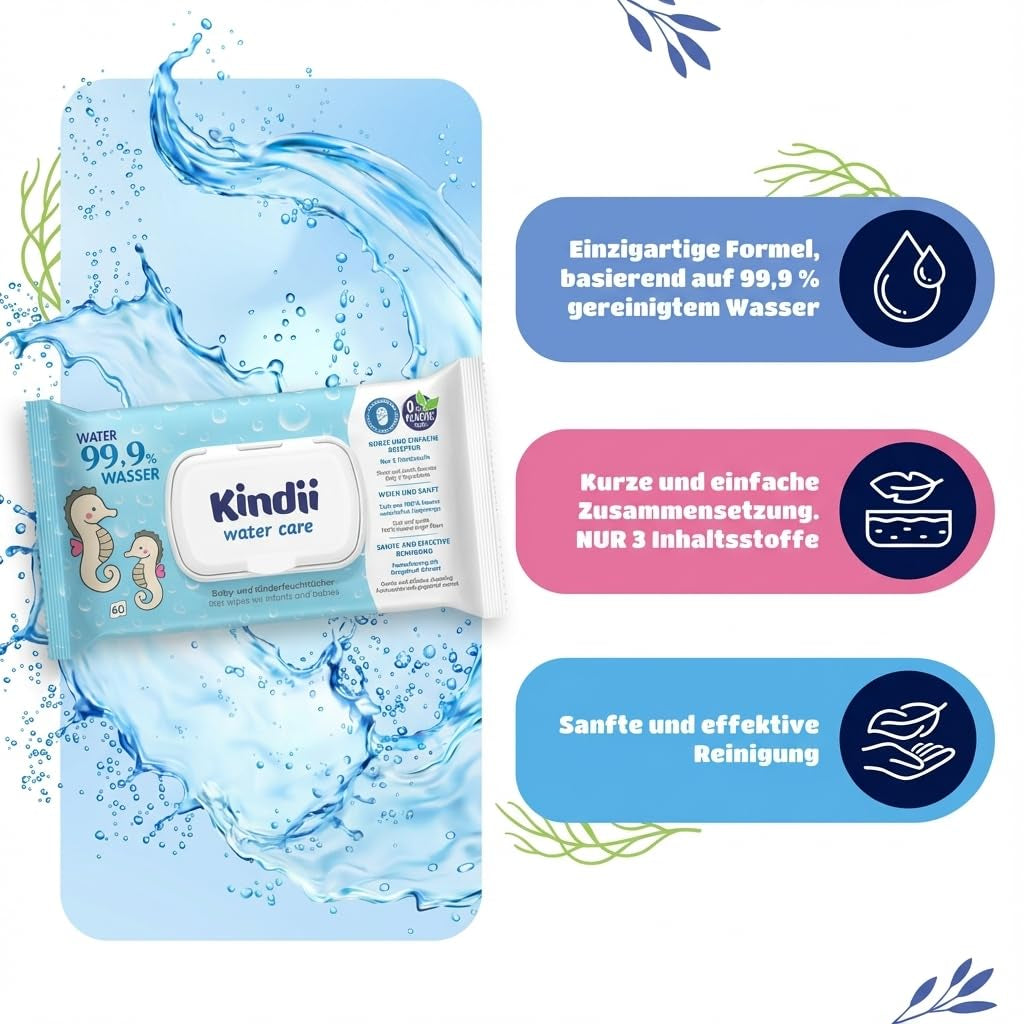 Kindii Water Care Vochtige doekjes - Aqua Babydoekjes - 100% viscose, 99,9% water, grapefruitextract, sjaalmaat 150x200, 100% biologisch afbreekbaar, plasticvrij, reinigingsdoekjes voor de gevoelige huid