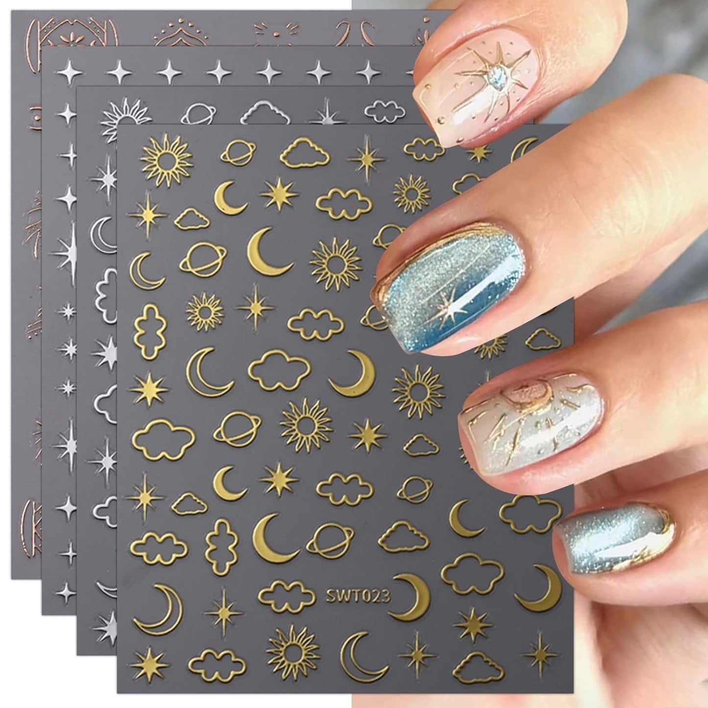JMEOWIO Nagelsticker Mond Stern 9 Blatt Nail Art Sticker Selbstklebend Nagelaufkleber Bunter Decoratie Nageldesign Zubehör