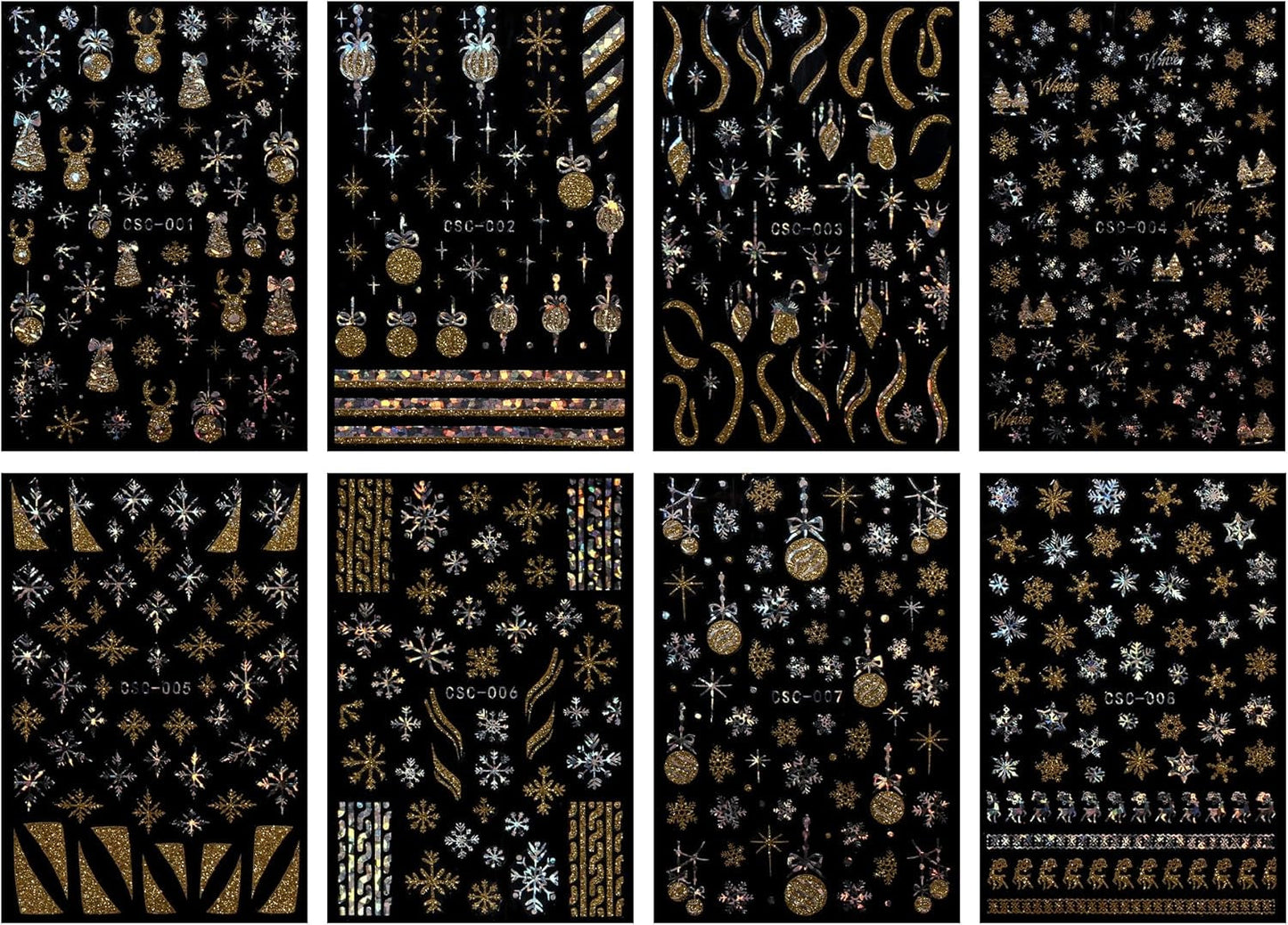 JMEOWIO Nagelsticker Weihnachten Gold Glitter Silber 8 Blatt Nail Art Sticker Selbstklebend Nagelaufkleber Schneeflocke Winterurlaub Decoratie Nageldesign Zubehör