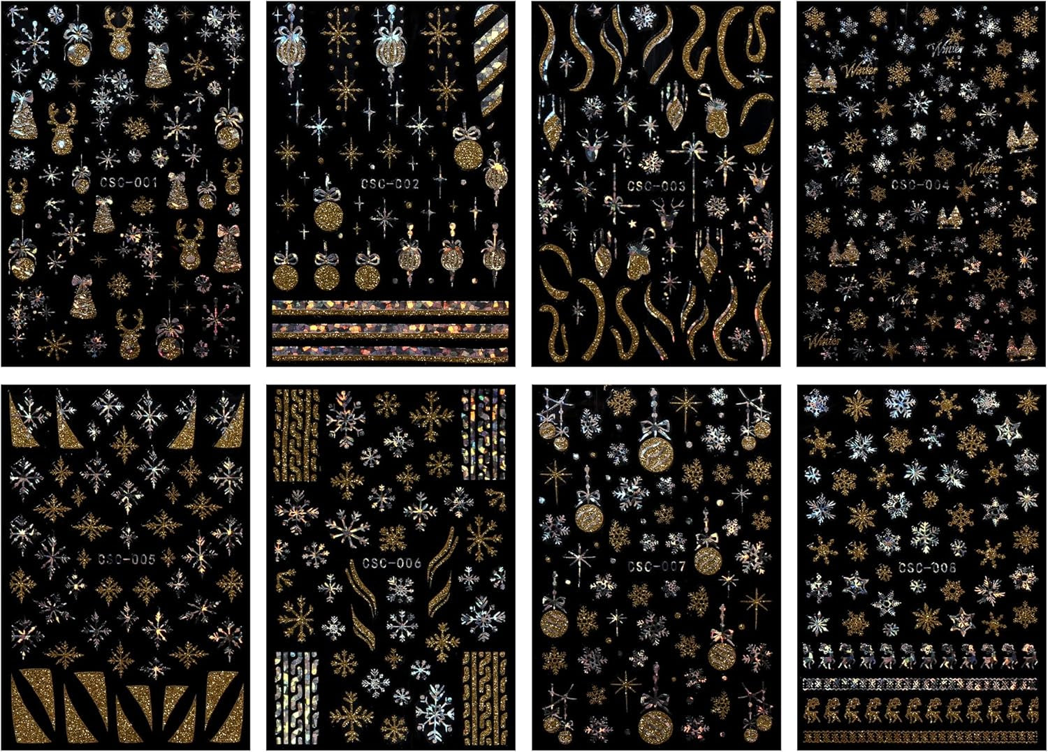 JMEOWIO Nagelsticker Weihnachten Gold Glitter Silber 8 Blatt Nail Art Sticker Selbstklebend Nagelaufkleber Schneeflocke Winterurlaub Decoratie Nageldesign Zubehör