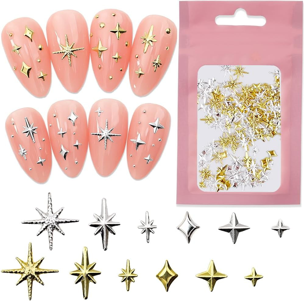 120 stuks Goud-Zilveren Ster Nagelbedels Ster Y2K Nagels Metalen Ster Nagelbedels Gemengde Maten Nagelschroeven Ster Nagelontwerp Nagelkunst 3D Sterbedels Nageldecoratie Nagelbedels Nagelaccessoires