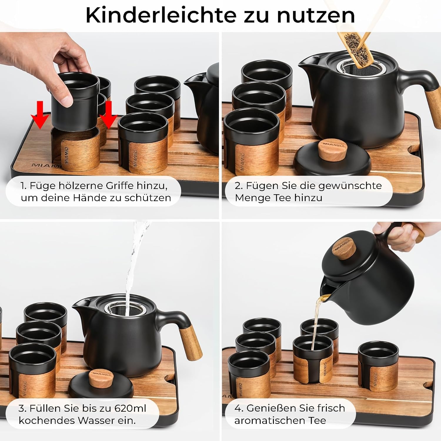 MIAMIO - Japans/Chinees theeservies 6 x 100 ml / Aziatische theepot 620 ml met thee-ei, traditionele Japanse theepotset voor theeliefhebbers/mannen/vrouwen (zwart)