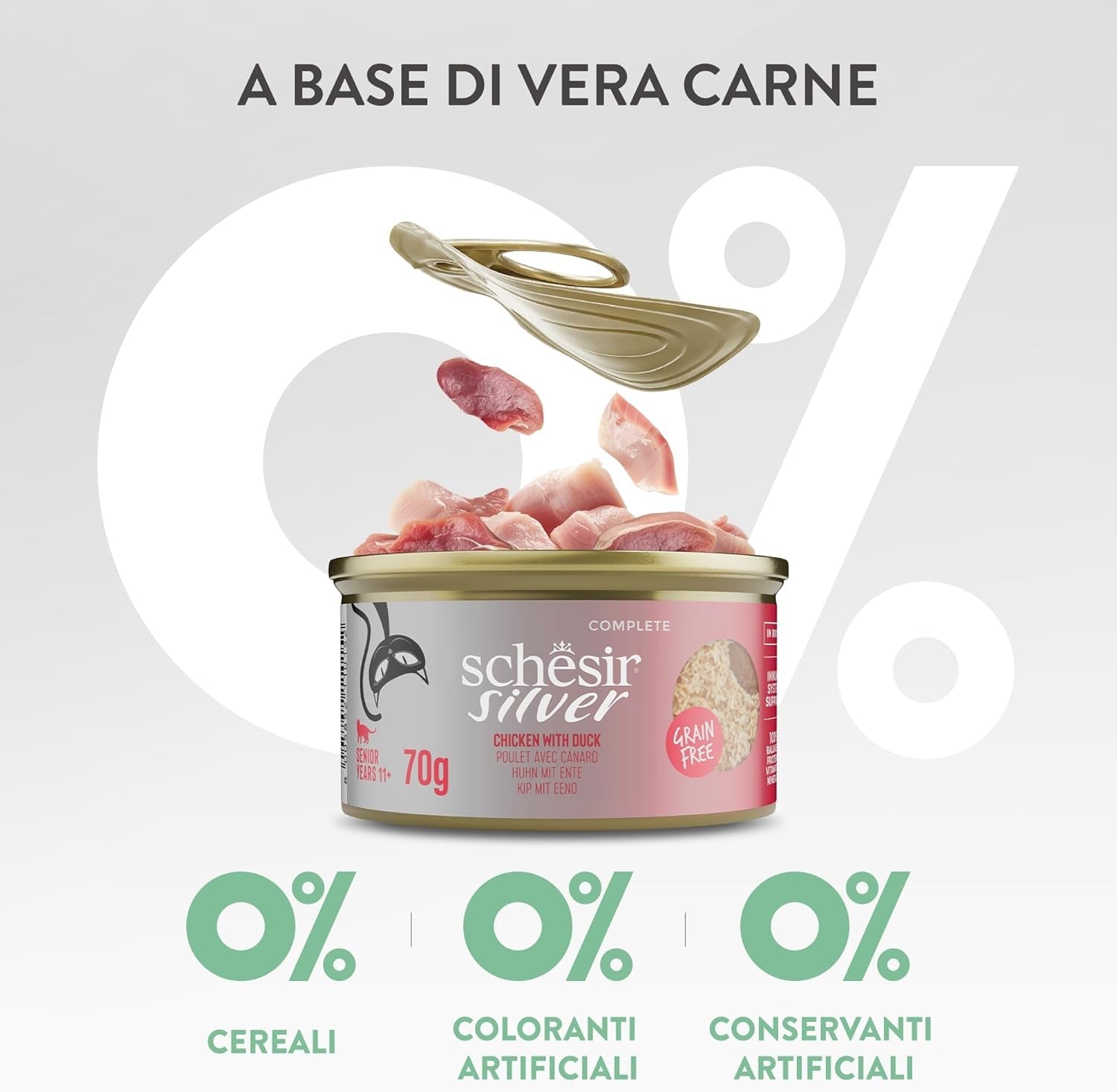 Zilveren Kip met Eendenmousse en Filets, Compleet Natvoer voor Senior Katten, Graanvrij, Immuunondersteuning, Vochtbron, 12 x 70 g