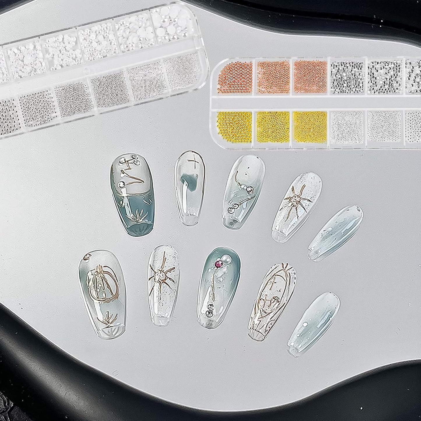2 Boxen Nail Art Strasssteine, Mit Pincet Nägel Flatback Perlen Nail Charms Mit Kristallen Nagelzubehör Diamanten Edelstahl-Perlen Für Nagelschmuck