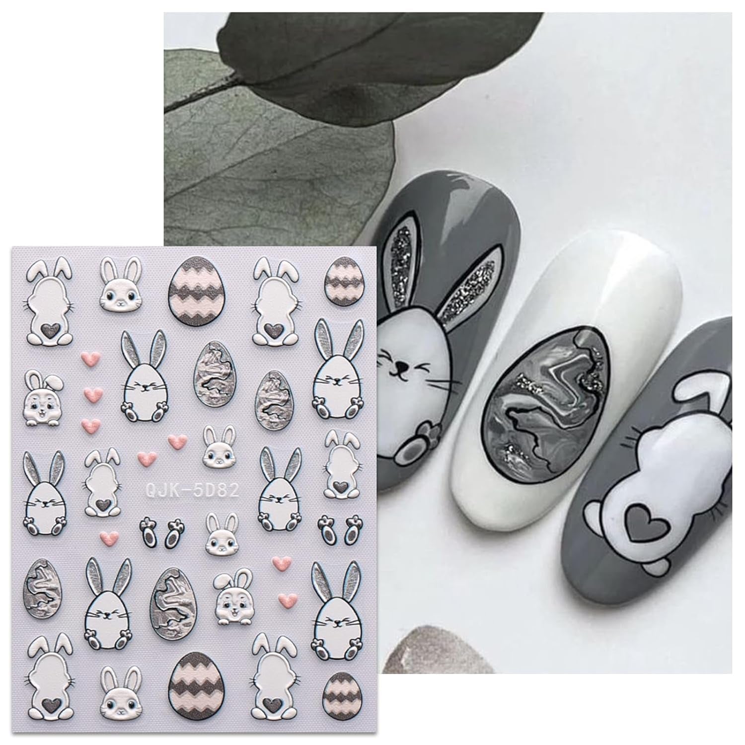 JMEOWIO 6 Blatt 3D Nagelsticker Ostern Nail Art Sticker Selbstklebend Nagelaufkleber 5D Stereoskopisch Süßer Hase Ei Decoratie Nageldesign Zubehör