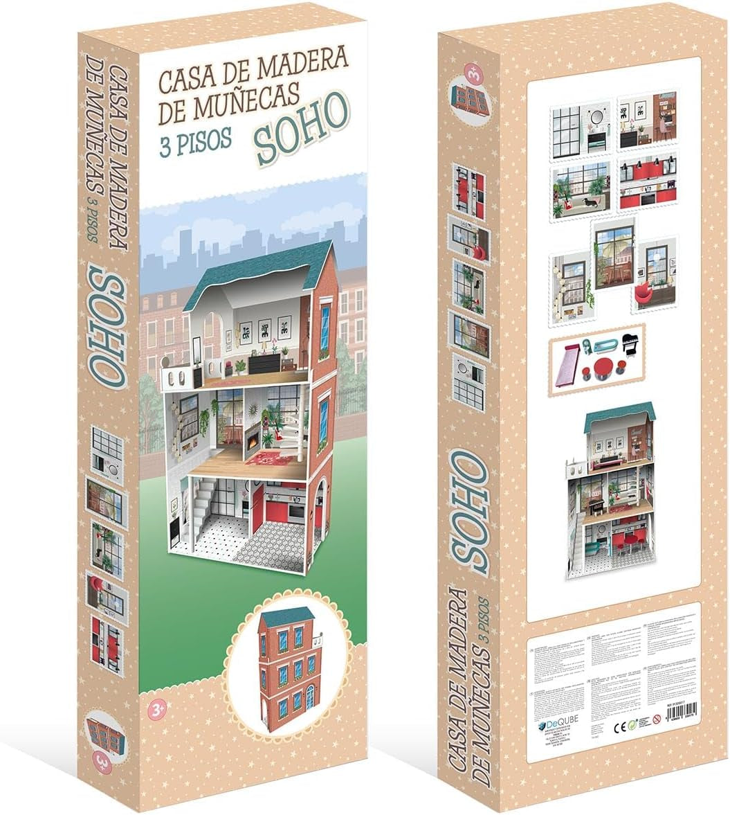 Soho-Madera design poppenhuis van 3 verdiepingen met 8 meubels, afmeting 120 X 33 X 75 cm (913D00181) Naty Shop Dollhouses