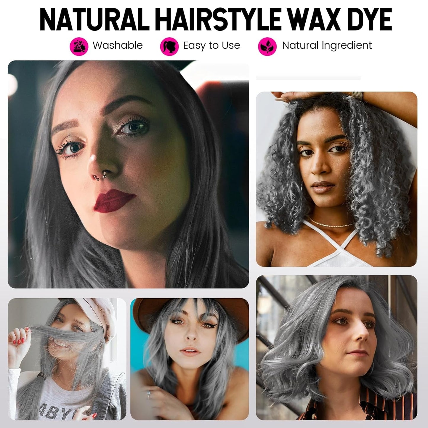 Tijdelijke haarkleur, styling haarkleur voor mannen vrouwen, natuurlijke haarpommade, haarverfwas voor feest, cosplay en Halloween, 4,23 oz (zilvergrijs) Naty Shop haarverf